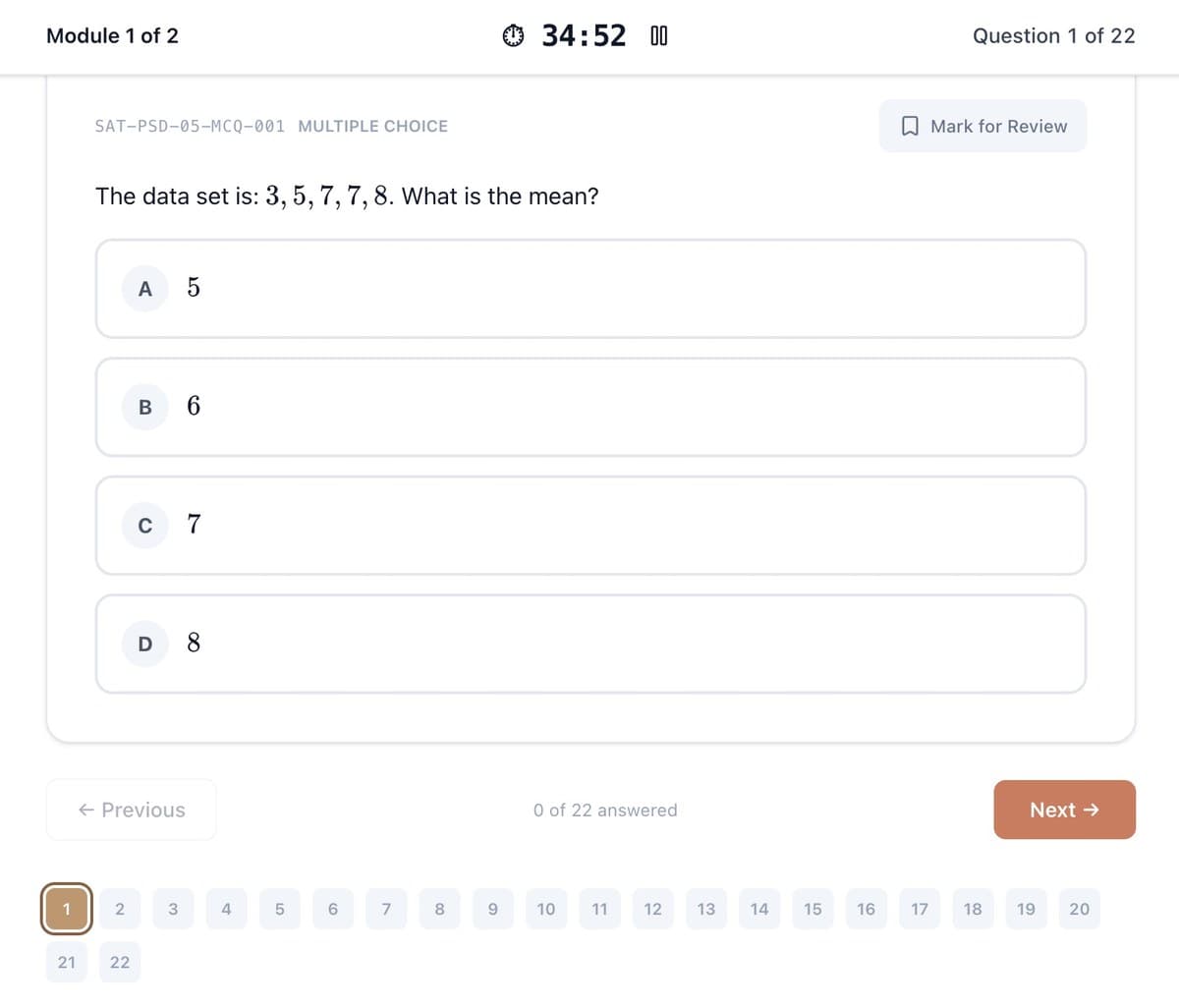 A multiple choice question in Module 1 of 2, showing the timer and question counter that match the real Digital SAT structure