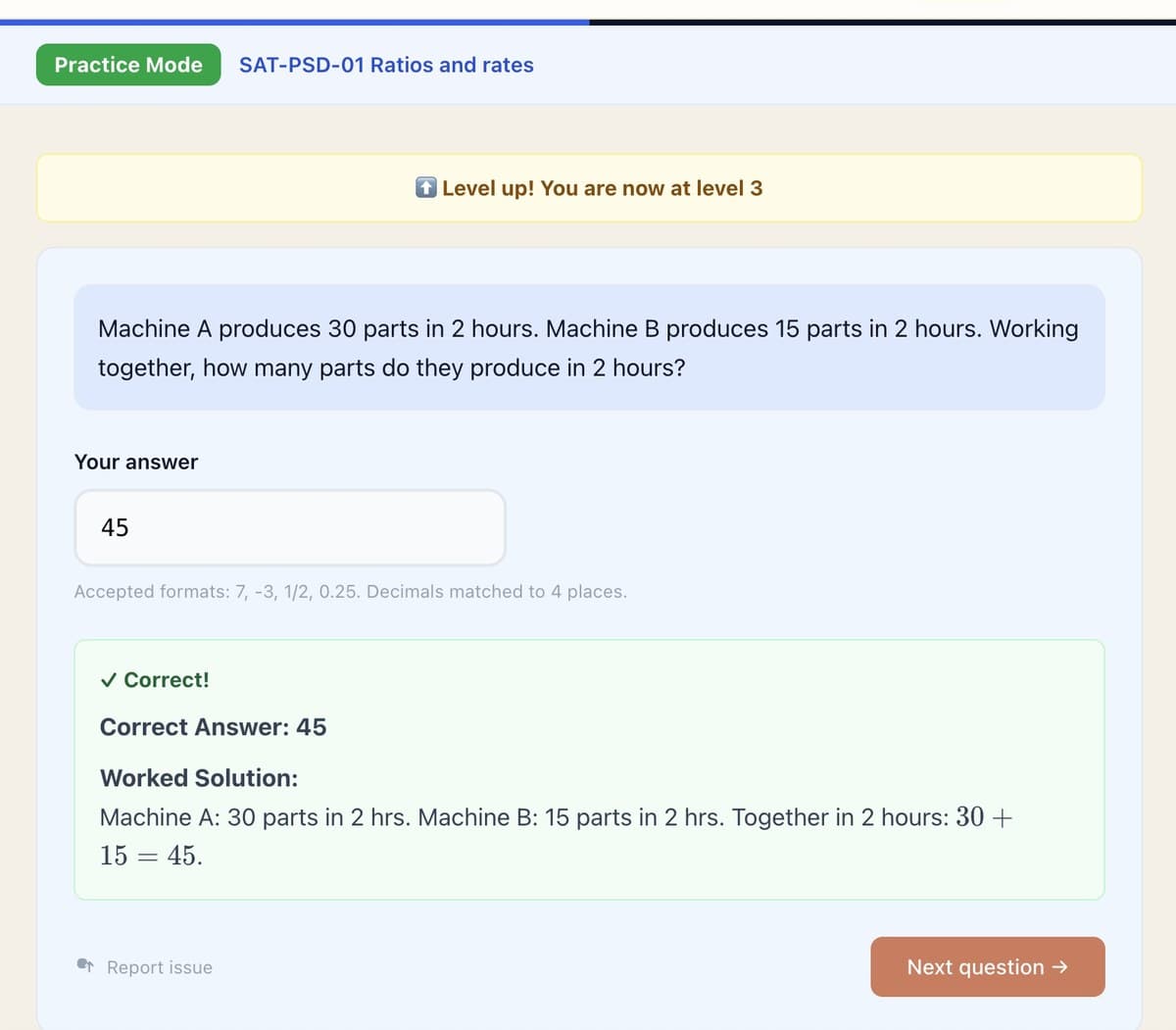 Practice mode with a correct answer, a worked solution showing step-by-step reasoning, an AI Tutor button, and a Level Up notification