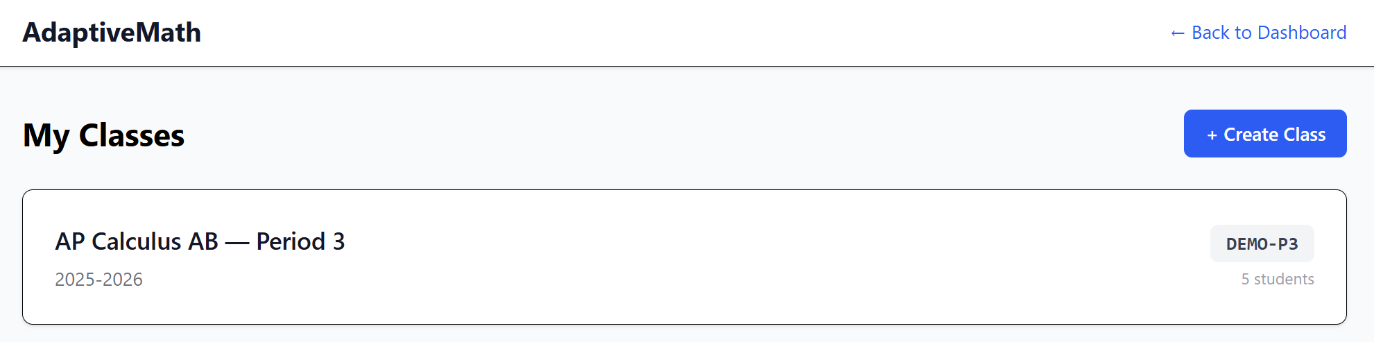 My Classes page showing AP Calculus AB class with join code and student count